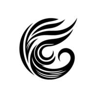 Abstract black and white circular featuring stylized flowing shapes, resembling feathers or flames, creating a dynamic and elegant composition. vector