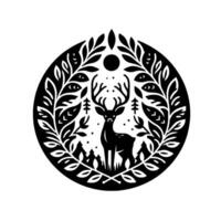 Minimalist black and white circular featuring a majestic deer surrounded by stylized foliage, trees, and a moon, evoking a sense of nature and serenity. vector