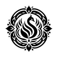 Elegant black and white ornamental featuring a stylized swan embraced by floral and curvilinear patterns in a symmetrical circular arrangement. vector