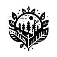 Stylized Black and White Emblem Forest Scene Inside Organic Foliage Frame with Trees, Moon, and Leaves. vector