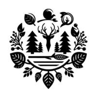 Intricate black and white naturethemed circular featuring a deer, trees, leaves, birds, and berries, symbolizing woodland serenity and harmony. vector