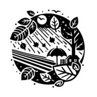 Monochrome, circular autumn scene a house sheltered by an umbrella from the rain, beneath leaves and stars. vector