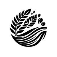 Monochrome abstract circular composition featuring stylized wheat, water drops, and wavelike patterns. vector