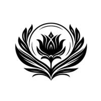 Monochromatic floral emblem, centered, consisting of a stylized bloom within a circular frame, encircled by stylized leaf elements and intricate details. vector