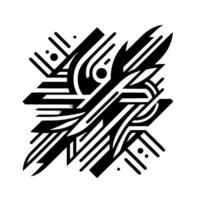 A symmetrical abstract in black and white, showcasing sharp geometric shapes, curves, and lines, creating a visually intricate composition against a stark, solid white background. vector