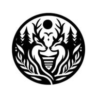 Intricate Black and White Emblem Two Deer Facing Each Other, Forest Birds Within a Circle, Symbolic Unity and Nature. vector
