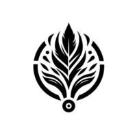 Black and white symmetrical stylized feather within a segmented circular frame and a central dot. vector