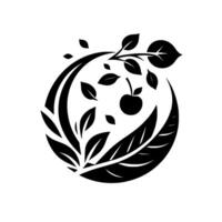 Black and white minimalist natureinspired circular with an apple and leaves, embodying growth and simplicity. vector