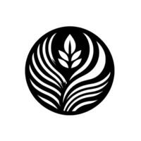 Abstract circular featuring stylized leaves and a wheatlike central element in a monochrome, minimalist . vector