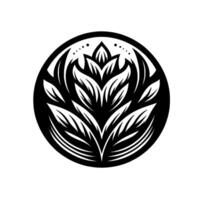 Black and white floral emblem within a circle, stylized with symmetrical leaf arrangements, a minimalist reminiscent of a . vector