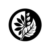 Abstract black and white of leaves and branches within a circle, symbolizing nature, balance, and growth. vector