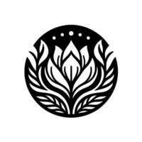 Monochromatic Floral Emblem Symmetric of a stylized flower within a black circle, accented with dots. vector
