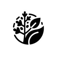 Stylized Black and White Botanical Featuring a TreeLike Branch, Leaf, and Circular Composition. vector