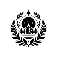 A monochrome emblem of a night landscape, featuring silhouetted trees under a starry moon and encircled by stylized leaves and branches. vector