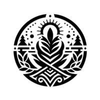 Black and white circular emblem with natural elements stylized leaves, trees, sun, and decorative geometric patterns. vector
