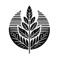 Minimalist Black and White Leafy Branch Emblem Within a Striped Circle, Representing Nature and Growth. vector