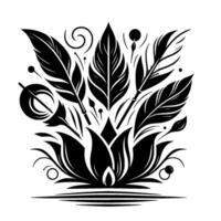 Stylized Black and White Illustration of a Floral and Feather Composition with Symbolic Elements on White Background. vector