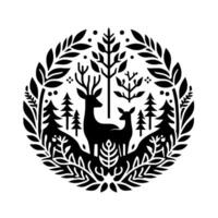 Minimalist Black and White Circular Illustration of Deer Family in a Forest, Surrounded by Foliage and Trees. vector