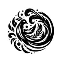Elegant Black and White Decorative Emblem Featuring a Stylized Bird, Waves, and Floral Elements in a Symmetrical Circular Composition. vector