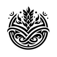 Stylized monochrome wheatlike emblem within a circle, featuring layered with curls, dots, and leaf elements, creating a symmetrical aesthetic. vector