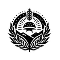 Black and White Stylized Emblem Mushroom, Mountains, Leaf, and Wreath within a Radial vector