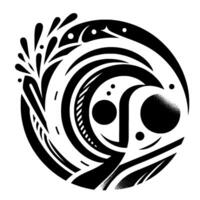 Circular, Black White, Abstract Composition with Swirling Lines, Dots, and a Stylized Splash, Evoking Movement and Balance. vector