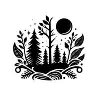 Whimsical black and white forest scene with a moon, trees, leaves, stars, and decorative organic shapes, creating a stylized illustration. vector