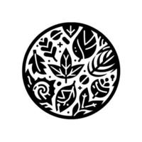 Monochromatic Circular Emblem Featuring Stylized Leaves, Botanicals, and Organic Shapes, Symbolizing Nature. vector