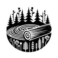Stylized blackandwhite circular illustration depicting a crosssection of a log surrounded by trees, plants, and wildflowers. vector