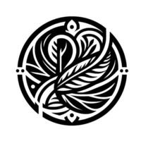 Ornate Circular Black and White Featuring Botanical Elements and Decorative Accents, Showcasing Symmetry and Intricate Details vector