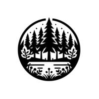 Black and White Circular Forest Illustration Featuring Pine Trees, Plants, and a Lake with Geometric Precision. vector