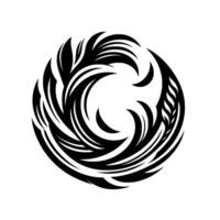 Intricate black and white circular , featuring flowing, stylized featherlike shapes and organic curved forms, creating a balanced, artistic emblem. vector
