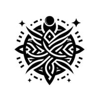Symmetrical Black White Celestial Ornament Geometric StarFlower Mandala with Crescent Moon Center, Encircled by Dotted Lines and Star Elements. vector