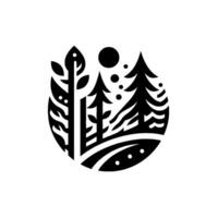 Stylized Black and White Minimalist Forest Scene within a Circle Trees, Sun, Dots, and a Wavy Ground, Evoking Peace. vector