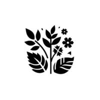 Minimalist Monochrome Botanical Illustration Foliage, Blossoms, and Leaves Arranged in a Decorative Pattern on White Background. vector