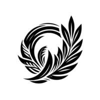 A swirling, minimalist black and white floral featuring stylized leaves and circular, radial elements. vector