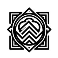 Complex black and white geometric featuring nested shapes, a central mazelike pattern, and a symmetrical starlike outer frame on a white background. vector