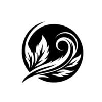 Elegant, stylized black and white floral emblem featuring symmetrical leaves and flowing, curved within a circular frame, reminiscent of a . vector