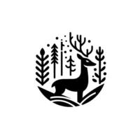 Minimalist Black White Emblem Reindeer in Forest Circle, Surrounded by Trees and Foliage, Modern Art. vector