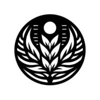 A striking, minimalist black and white circular emblem. It features a stylized plant motif with leaves and a central circle that evokes a sun or seed, set against a pure white background. vector