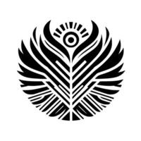 Intricate monochrome abstract illustration of a stylized sun emblem with radiating lines, feathered forms, and a central eye . vector