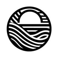 Minimalist black and white of sun setting over ocean waves inside of a circle, showcasing abstract geometric art. vector