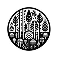 Circular, minimalist black and white illustration of a stylized forest scene, depicting trees, plants, and mushrooms within a black frame. vector