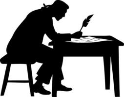 Historical Writer Silhouette with Quill and Papers at Desk Elegant Art for Tattoo and Coloring vector
