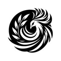 A stylized, black and white Phoenix within a circular frame, entwined with a branch of leaves, symbolizing rebirth. vector