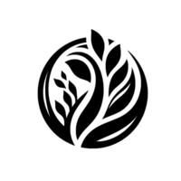 Black and white symmetrical of stylized leaves and branches within a circular frame, evoking nature and growth. vector