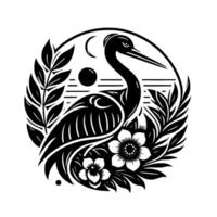 Elegant Black and White Illustration of a Stork with a Crescent Moon, a Circle, Flowers, and Foliage, in a Stylized Nature Scene. vector