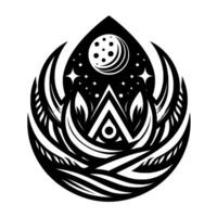 Geometric Black and White Celestial Emblem Teardrop Composition with Moon, Stars, and Abstract Mountainscape . vector