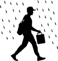 Silhouette of a Person Walking in the Rain Carrying a Briefcase and Backpack for Design Projects vector