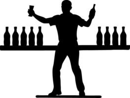 Dynamic Bartender Silhouette Mixing Cocktails Behind Bar with Bottles for Events and Decor vector